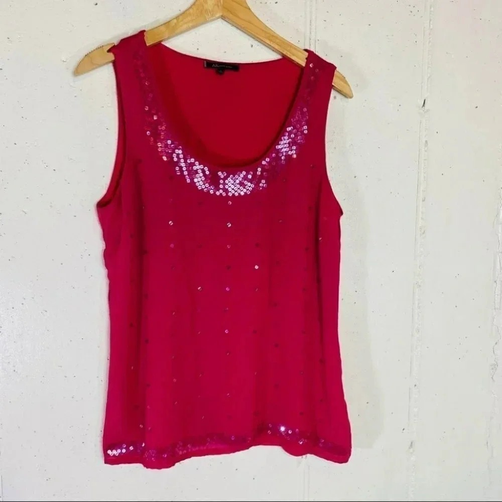 Anne Klein Tank‎ Top Large Hot Pink Sequin Trim Scoop Neck Sleeveless Glam
